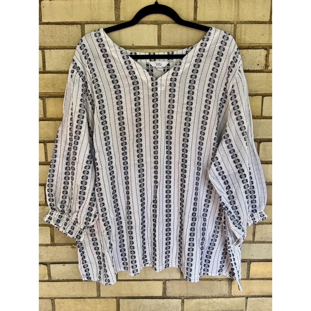 Croft & Barrow White Navy Floral Embroidered Blouse 3/4‎ Sleeve Top Plus Size 3X